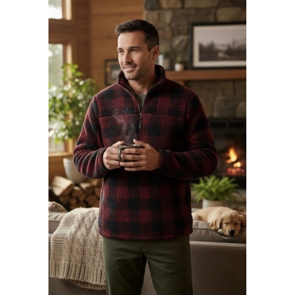 Alpine Sherpa Mens Buffalo Plaid Quarter Zip Fleece Pullover Red Black Medium M
